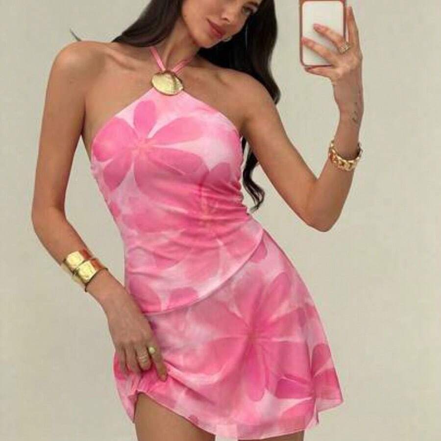guangzhougaolangshangmao Vestido mini con estampado floral y cuello halter con lazo, adecuado para vacaciones, citas y salidas - Rosa Pálido - Ver 1