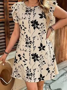 Wine Red Summer Dress With Floral Print And Ruffled Hem, Loose Fit And Festive Style With Ruffled Sleeves And Flare - 黑色 - 查看 7