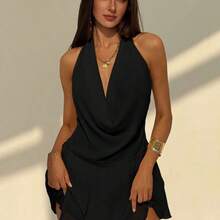 dahkjdgajy  Nuevo vestido mini de primavera/verano sexy con espalda descubierta, unicolor, cuello halter profundo con drapeado asimétrico y volantes en el bajo - Naranja - Ver 5