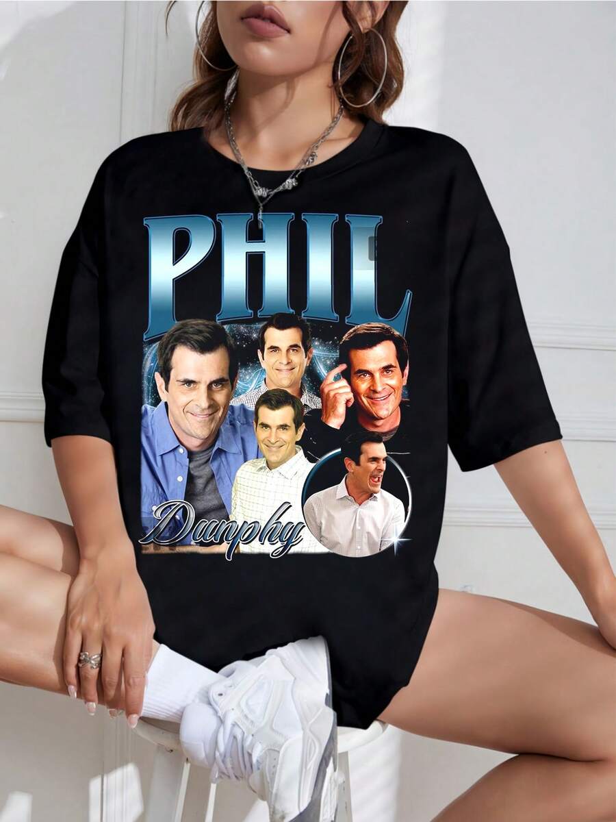 Phil Dunphy Vintage T-Shirt - Unisex Retro 90s T-Shirt, New For 2026, Phil Dunphy Modern Family Unisex T-Shirt, Suitable For Plus Sizes, Vintage 90s Bootleg Style T-Shirt, TV Series Fan Merchandise, Retro Grunge Aesthetic Casual Top - 黑色 - 查看 1