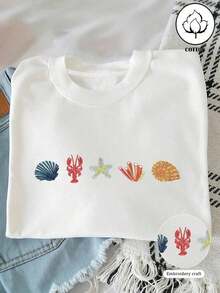 Women's Cute Sea Creature Embroidered T-Shirt, Summer Clothing For Women, Loose Fit Retro Tee - White 4 - View 1