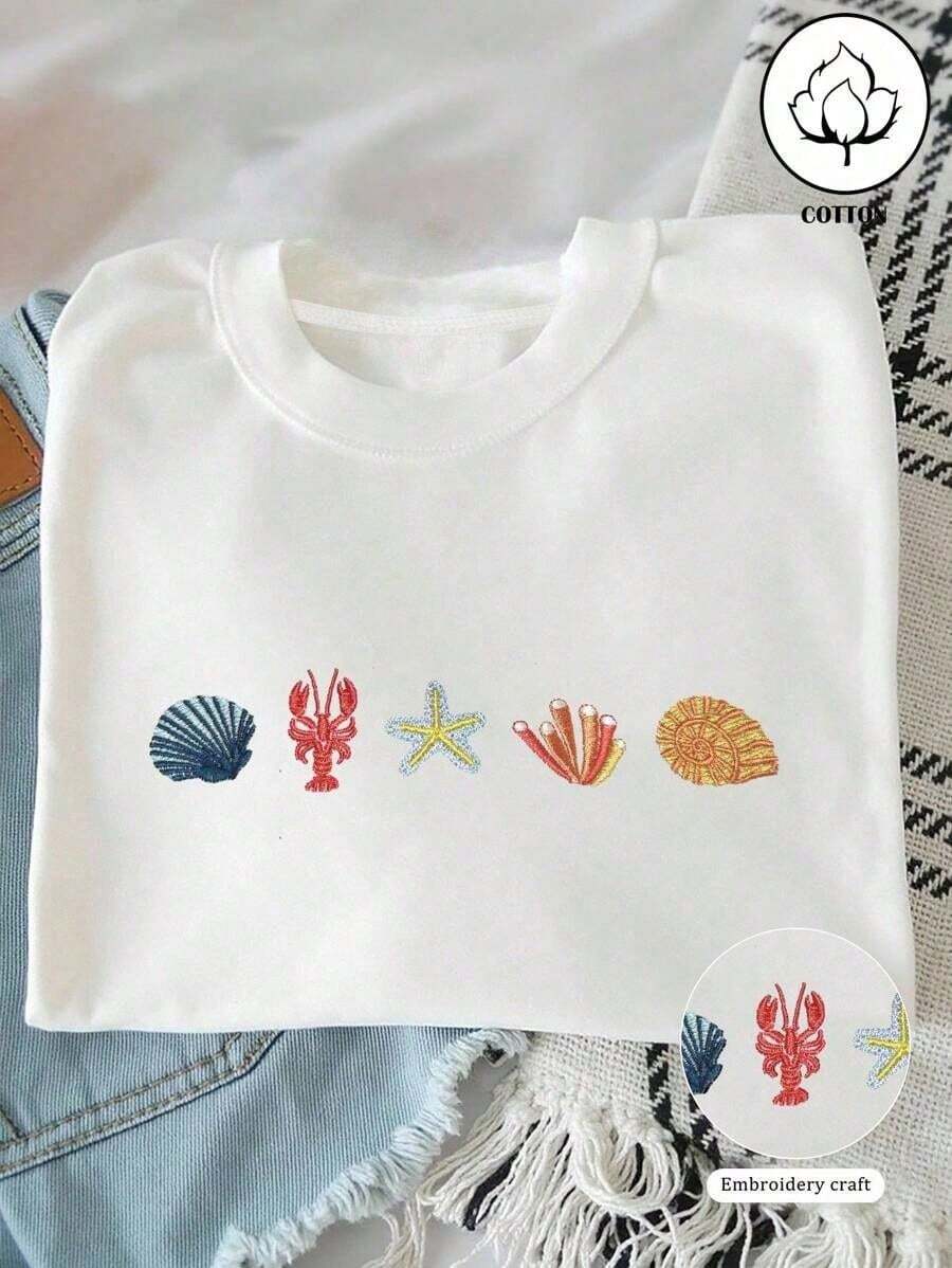 Women's Cute Sea Creature Embroidered T-Shirt, Summer Clothing For Women, Loose Fit Retro Tee - White 4 - View 1