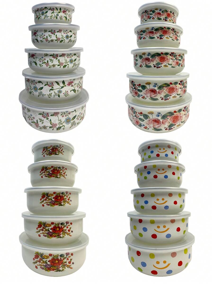 5PCS Enamel Multi-Function Bowl Set, Suitable For Vegetables, Fruits, Salads, Oatmeal Preparation, Suitable For Home Kitchen, Outdoor Camping, Can Be Put In Refrigerator As Fresh-Keeping Bowl, Stackable Storage Bowl With Lid, Back To School Gift - Retro Multi-colored Bowl - View 1