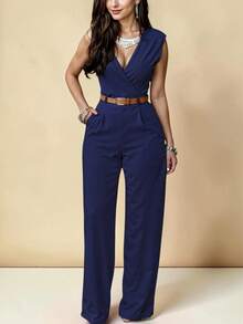 Elegant Palazzo Jumpsuit With Crossover Neckline And Adjustable Belt Included - Navy Blue - View 1