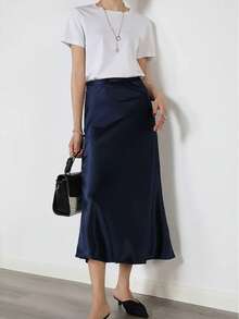 New Arrival Satin Midi Skirt, High Waist, Flowy Fit, All-Day Comfort - 藏蓝色 - 查看 1