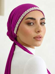 1PC Women's Fashion Solid Color Rhinestone Muslim Tie-Up Hat, Versatile Scarf Headscarf Undercap, Suitable For Daily Wear - 119-purple Rose Red - View 4