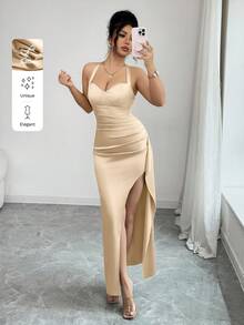 abyoxi 女款杏色緞面露背高開衩修身長洋裝，綁帶背部設計，優雅性感，適合年輕女性，正式晚宴、婚禮派對夏季穿著 - 杏色 - 查看 7
