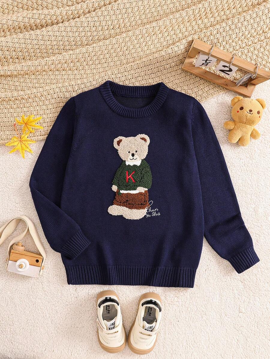 Sweater Lengan Panjang Leher Bulat dengan Patch Beruang Kartun untuk Anak Perempuan Remaja - Navy Blue - View 1