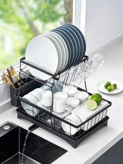 Double-Layer Draining Design For Dish Rack, Equipped With A Water Tray And Chopstick Cage. It Comes With A Removable Cutlery Holder, Featuring Durability, Large Capacity And Easy Installation.,