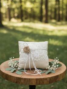 1pc Linen Color Ring Pillow, Handmade Rose Romantic Lace Bridal Ring Pillow, Suitable For All Seasons, Western Wedding, Church Wedding, Lawn Wedding, Bridal Wedding Supplies - Linen Lace Ring Pillow - View 1