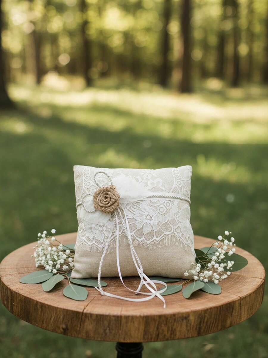 1pc Linen Color Ring Pillow, Handmade Rose Romantic Lace Bridal Ring Pillow, Suitable For All Seasons, Western Wedding, Church Wedding, Lawn Wedding, Bridal Wedding Supplies - Linen Lace Ring Pillow - View 1