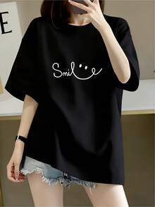Camiseta amplia de moda con mensaje sonriente, estilo casual, algodón suave, unisex, ideal para verano, disponible en negro, varias tallas, ropa urbana, . - Negro - Ver 1