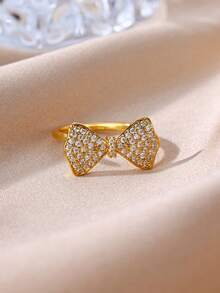 1pc Luxury Zirconia Inlaid Ring, 18K Gold Plated Open Band, Bowknot Four-Leaf Clover Design Jewelry, Daily Commute Dating Gift - Yellow Gold - View 5