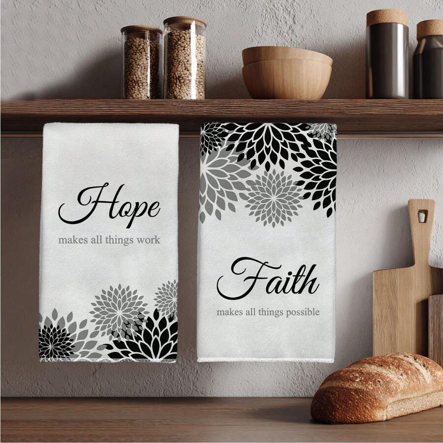 MEMNUN 2件裝黑灰色幾何花卉大麗花剪影 Hope & Faith 文字印花圖案廚房毛巾 40*60cm 超細纖維柔軟吸水抹布 手巾 家居裝飾 廚房裝飾 聖誕裝飾 烹飪烘焙茶巾 廚房配件 可機洗 清潔用品 適合餐廳廚房日常裝飾與禮物 全季節適用 - 彩色 - 查看 1