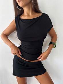 Women's Asymmetric Neck Ruched Top Sleeveless Off-Shoulder Bodycon Blouse For Night Out - Black - View 2