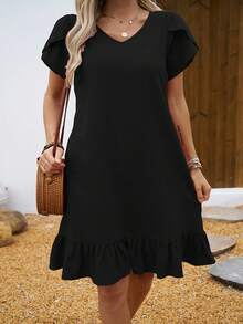 Women's Dress With V-Neck, Shell Sleeves And Ruffles - Black - View 5