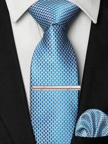Men's Light Blue And White Honeycomb Polka Dot Jacquard Tie, Pocket Square, Silver Tie Clip, Cufflinks And Lapel Pin Combination Set, Suitable For Daily, Business, Wedding, Workplace, Graduation Season And Other Occasions, Perfect As Men's Birthday, Father's Day, Thanksgiving, Christmas Gifts - Light Blue - View 16