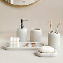 Cream Minimalist Bathroom Set, Lotion Dispenser Bottle & Toothbrush Cup, Nordic Style Bathroom Sink Use, Lotion Dispenser Bottle, Toothbrush Cup, Bathroom Set - Classic - View 4