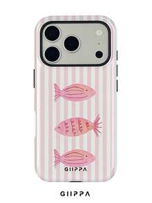 GIIPPA 1個淡粉色條紋底色配粉色魚圖案設計，Phone 17 Pro Max 手機殼，相容於 Phone 16 Pro Max、15 Pro Max、14 Pro Max、11/12/13/14/15/16 Pro Max Plus，韓式高端時尚趣味手機殼，優雅設計適合男女，聖誕節、情人節、復活節、婚禮季和生日送女友的完美禮物！ - 粉色 - 查看 1
