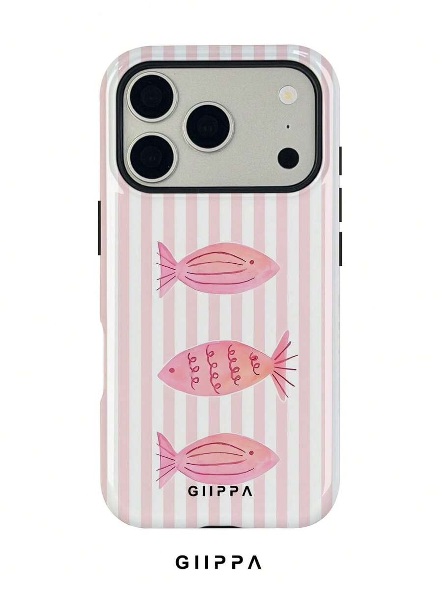 GIIPPA 1個淡粉色條紋底色配粉色魚圖案設計,Phone 17 Pro Max 手機殼,相容於 Phone 16 Pro Max、15 Pro Max、14 Pro Max、11/12/13/14/15/16 Pro Max Plus,韓式高端時尚趣味手機殼,優雅設計適合男女,聖誕節、情人節、復活節、婚禮季和生日送女友的完美禮物! - 粉色 - 查看 1