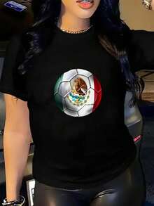 Women's Fitted Cotton T-Shirt With A Soccer Ball Print Featuring The Mexican National Emblem, Casual Round Neck, Ideal For Fans Of The Mexican National Team, Matches, Sporting Events And Patriotic Gifts, Comfortable And Eye-Catching - 黑色 - 查看 1