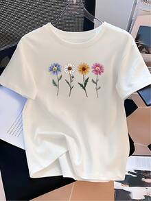 2026Camiseta Casual de Cuello Redondo Impresa para Mujeres de Talla Grande, Camiseta de Manga Corta Holgada Casual para Mujeres - Blanca con Estampado Floral de Margaritas Coloridas, Top Transpirable de Cuello Redondo, Camiseta Versátil para Todas las Est - Blanco - Ver 1