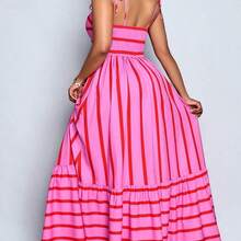 jianchaimaoyi02  Vestido maxi de estilo fluido con rayas, con tirantes y detalles de recogido en el pecho, adecuado para vacaciones, playa, ir al trabajo y uso casual, elegante vestido (floral aleatorio) - Rosa - Ver 4