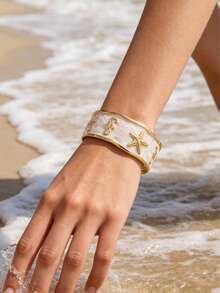 VceTd 1/2PCS Ocean Vacation Style Stainless Steel Women's Bracelet With Starfish/Shell Design, Suitable For Women's Daily Wear, Holiday Outings, Music Festivals, Holiday Parties, Ocean Vacations, Or As A Gift For Lovers Or Women - Yellow Gold - View 3