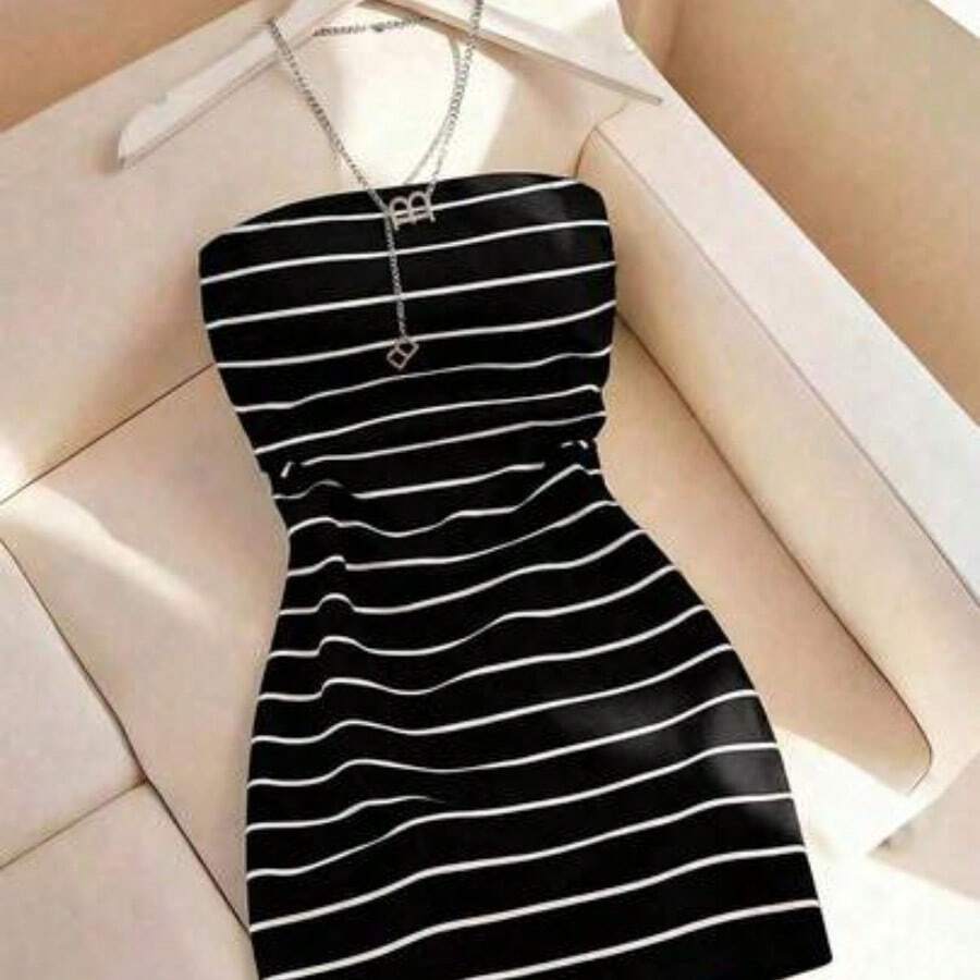 LunaCass8 Vestido tubo ajustado de cuello redondo con estampado de rayas para mujer, primavera/verano - Multicolor - Ver 1