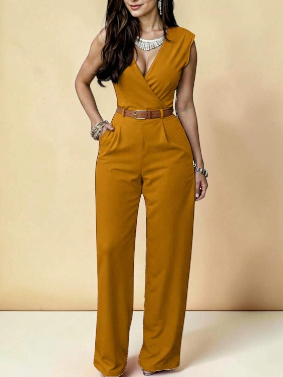 Elegant Palazzo Jumpsuit With Crossover Neckline And Adjustable Belt Included - Ginger - View 1