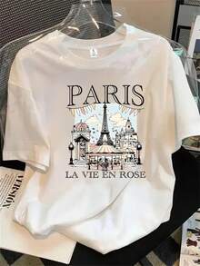 Top de mujer de manga corta y cuello redondo con estampado del logo parisino y la Torre Eiffel de fondo, apto para todas las estaciones. - Blanco - Ver 1