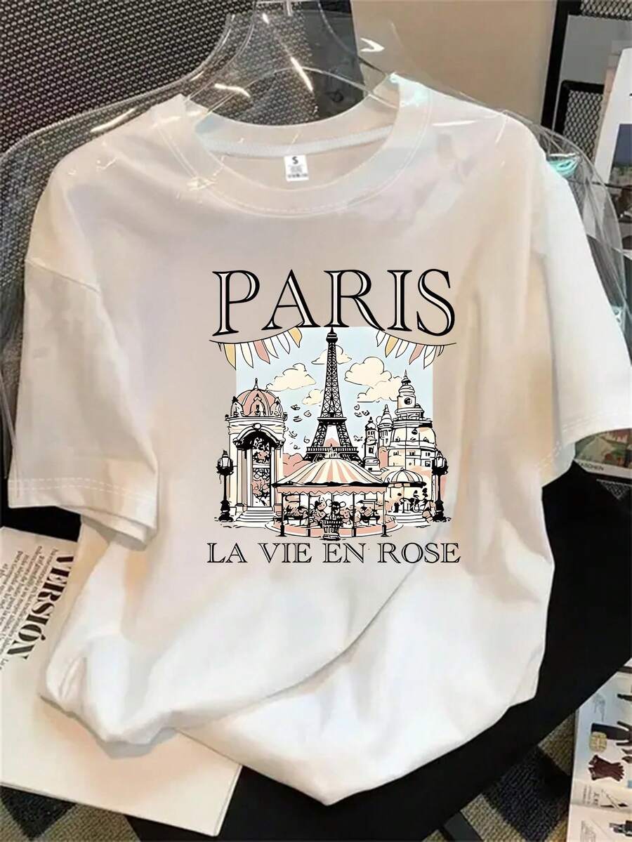 Top de mujer de manga corta y cuello redondo con estampado del logo parisino y la Torre Eiffel de fondo, apto para todas las estaciones. - Blanco - Ver 1