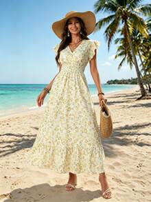Elegaris Women's Elegant Floral V-Neck Cinched Waist A-Line Dress Summer - Pale Yellow - View 3