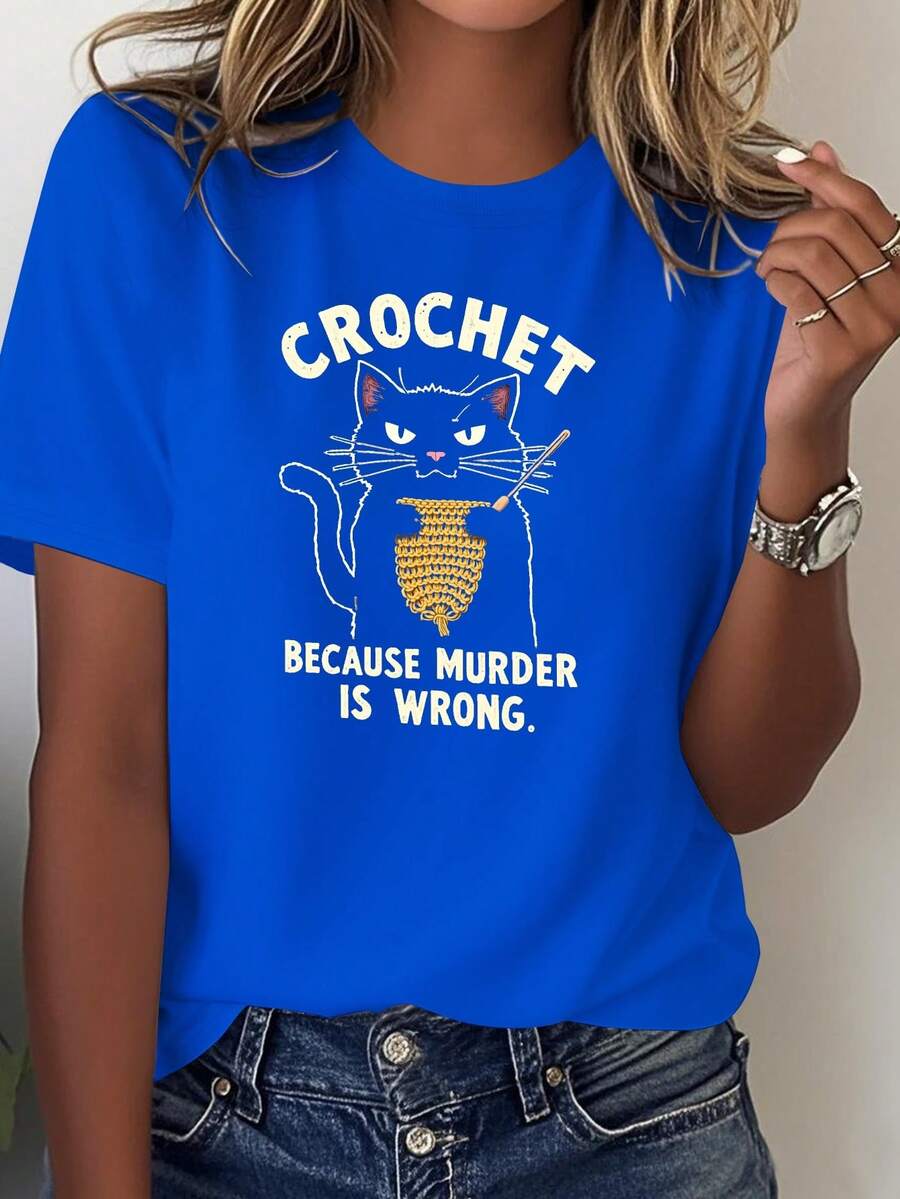 Funny Women's T-Shirt With Cat Print And The Phrase "Crochet Because Is Bad" - 100% Casual And Comfortable, With Cat And Yarn Ball Design, Ideal For Daily Use And Craft Activities. - 藍色 - 查看 1