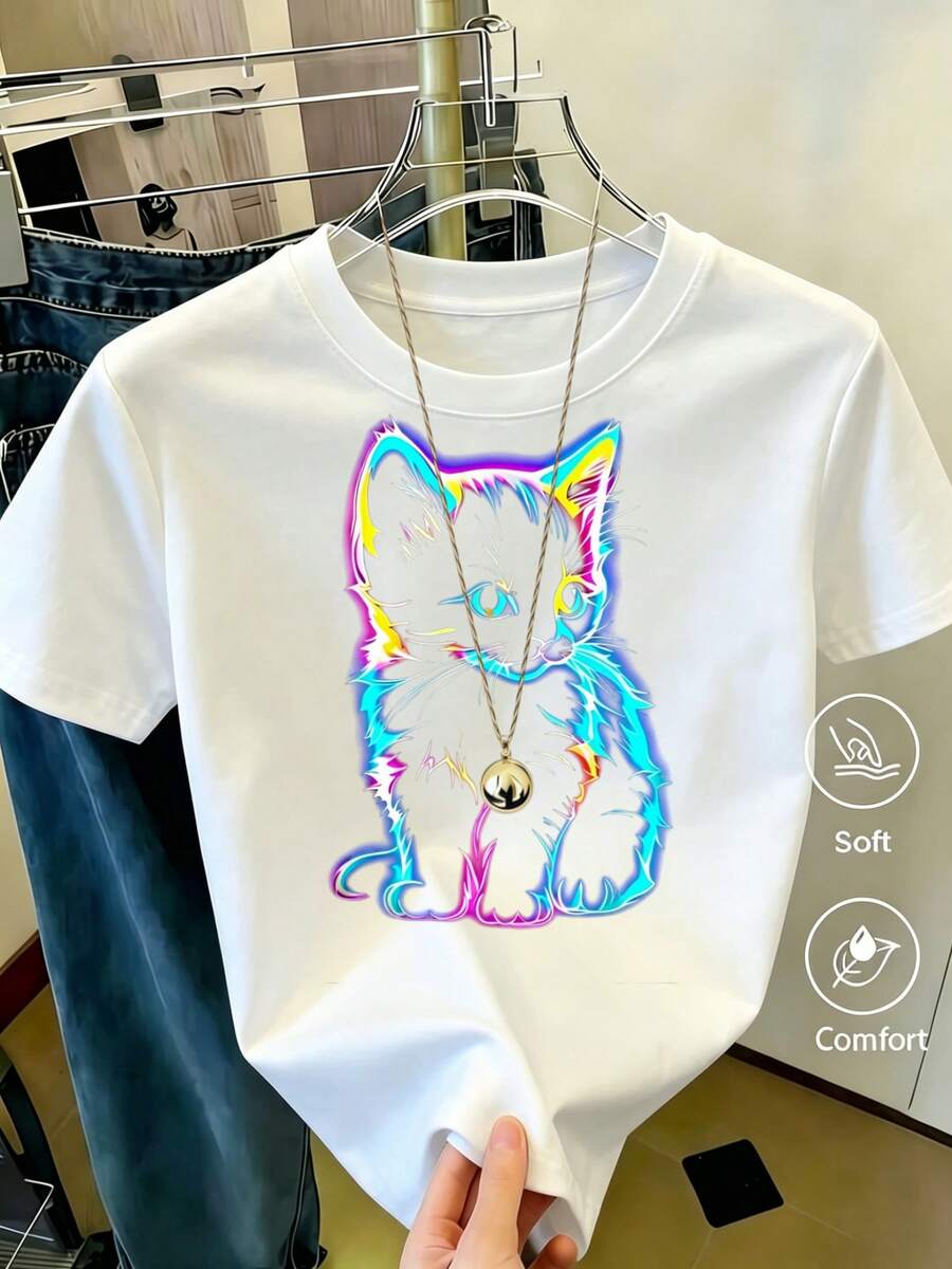 Women's Blouses, Women's Tops, Women's T-Shirts, Women's Tops, Women's Round Neck Short Sleeve T-Shirt Neon Kitten Print Multicolor Casual - 白色 - 查看 1