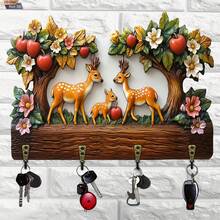 1pc Wooden Multi-Functional Key Hook, Forest Deer Pattern, 2D Flat Design, Includes 4 Metal Hooks, Suitable For Wall Decor, Porch Decor, Room Decor, Villa Decor, Seasonal Home Decor - B - View 1