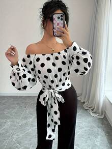 Elegant Women's Off-Shoulder Blouse With Polka Dots And Front Bow - Puff Sleeves, Round Neck, White, Machine Washable, Ideal For Casual Or Semi-Formal Wear In All Seasons - 彩虹般的色彩 - 查看 5