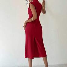 dahkjdgajy  Vestido largo de verano elegante y minimalista para uso diario, viajes y ocasiones casuales, con cuello mao, mangas drapeadas y cintura ceñida, color albaricoque - Verde militar - Ver 9