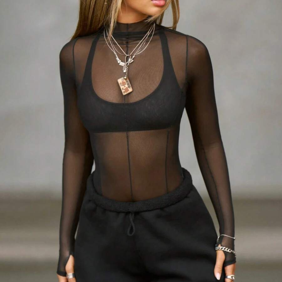 2025 otoño nueva moda mujer Tops camiseta malla transparente transparente manga larga ajustado cuello medio alto Top Y2k ropa de mujer - Negro - Ver 1