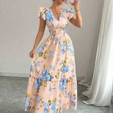 Vestido de vacaciones con cuello en V, manga corta y estampado floral romántico para mujer - Verde Niebla - Ver 5