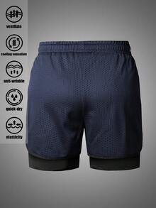 2 piezas Shorts de malla de doble capa 2 en 1 para hombre con forros de compresión incorporados, deportes para novio - Multicolor - Ver 3