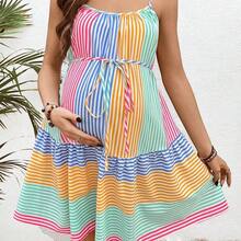 YYRR  Vestido corto casual de maternidad con tirantes finos y diseño de rayas multicolor para mujeres embarazadas - Multicolor - Ver 6