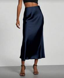 New Arrival Satin Midi Skirt, High Waist, Flowy Fit, All-Day Comfort - 藏蓝色 - 查看 2