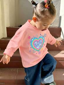 1pc Baby Girl Cute Long Sleeve T-Shirt, Rainbow Heart Print, Soft Fabric, Casual Top - Pink - View 8
