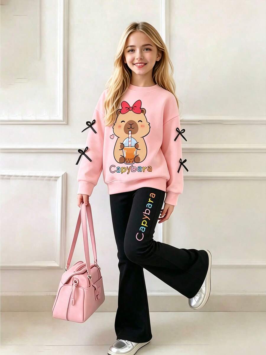 幼儿卡通图案保暖圆领运动衫和紧身裤套装 - 粉色 - 查看 1