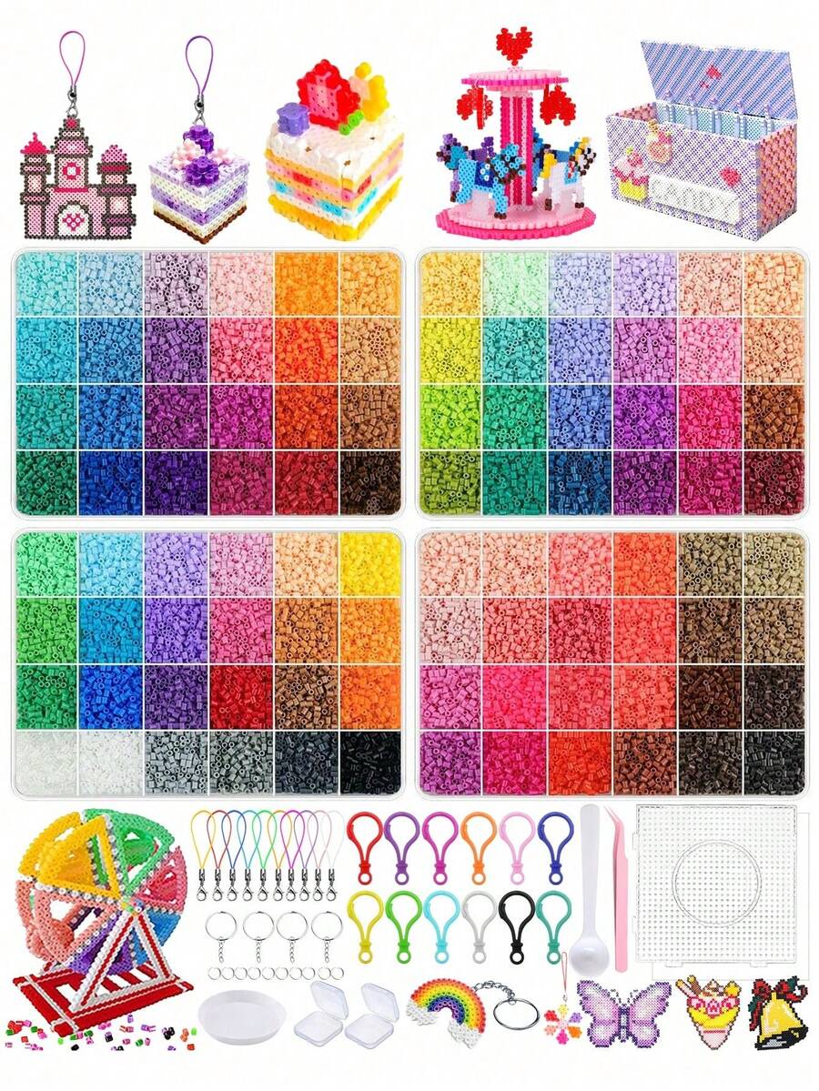 144/120/96/48色 33,600顆 2.6mm DIY Perler 拼珠套組，幫助培養專注力，完整珠飾工具組含收納盒、插板、熨燙紙與鑷子，手工像素藝術 DIY 3D 拼圖，理想居家手工活動，適合生日、畢業、情人節、萬聖節、派對等場合作為禮物