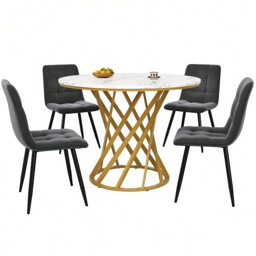 Dining Set (5 Pieces), Including A Table And Four Chairs, A Modern Kitchen Set, A Round Table 80 Cm In Diameter With Gold Metal Legs, A White MDF Top And Dark Grey Velvet Dining Chairs. - 彩色 - 查看 1