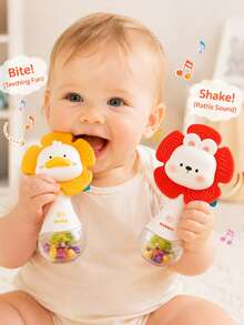 2-In-1 Baby Rattle Teether Toy, Cute Duck & Rabbit Soft Silicone Teether Rattle, Suitable For 0-12 Months Infants, Tummy Time, Nursery, Stroller, Car Seat Sensory Toy, Perfect Baby Shower, Newborn, 1st Birthday Gift - Multicolor - View 2