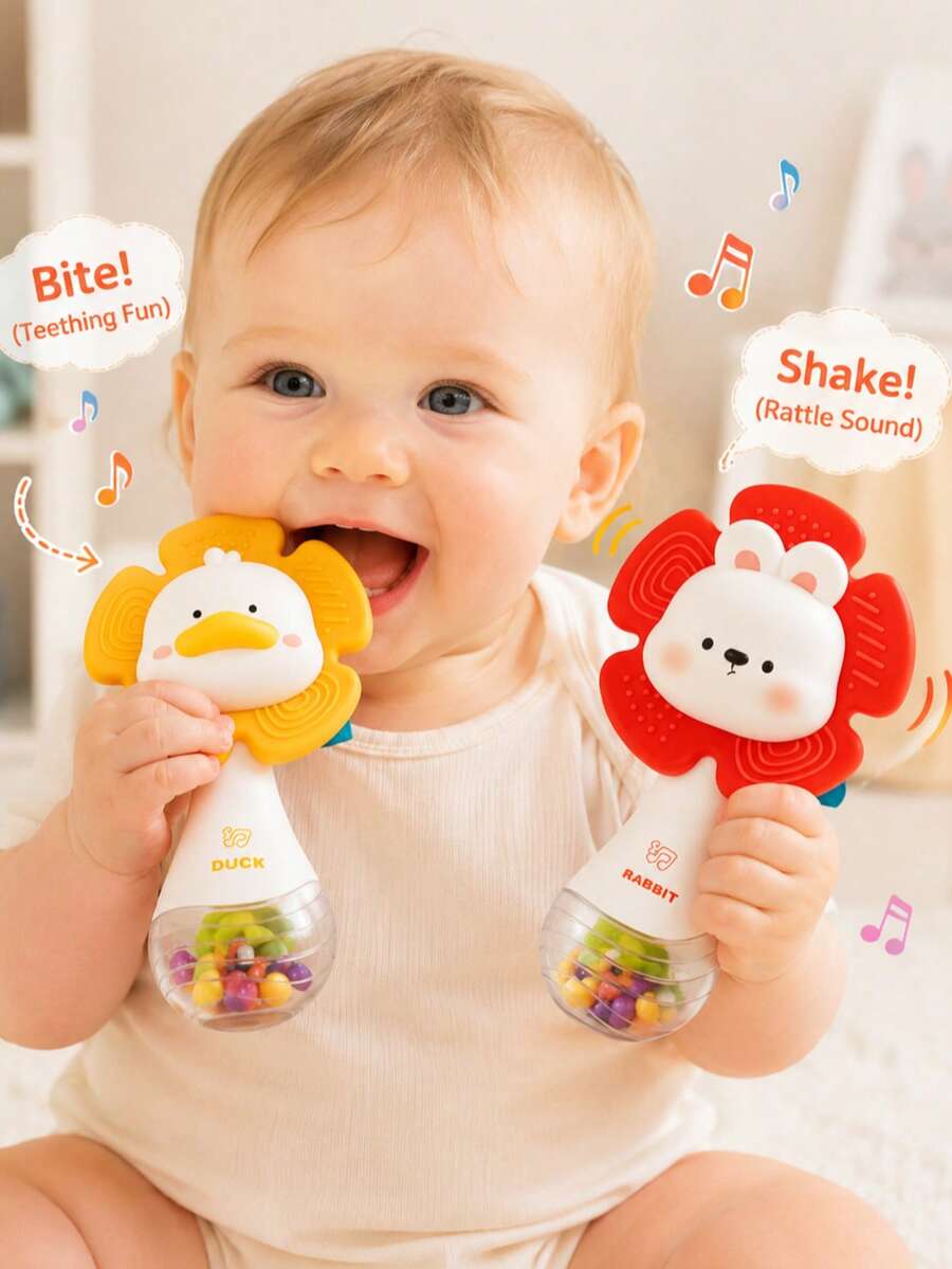 2-In-1 Baby Rattle Teether Toy, Cute Duck & Rabbit Soft Silicone Teether Rattle, Suitable For 0-12 Months Infants, Tummy Time, Nursery, Stroller, Car Seat Sensory Toy, Perfect Baby Shower, Newborn, 1st Birthday Gift