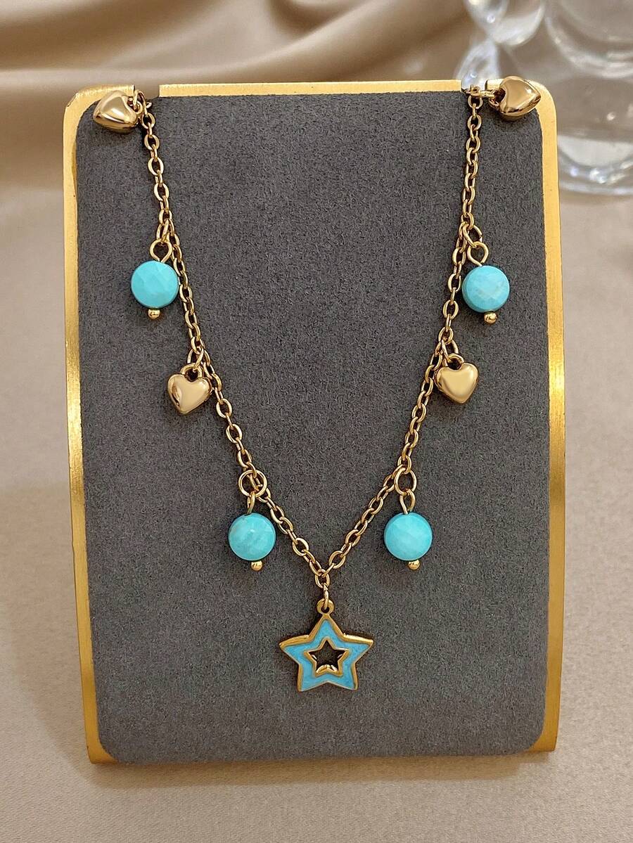 1 Peça Colar Dourado com Pingente de Estrela e Lua em Turquesa Banhado a Ouro 18k em Aço Inoxidável, Joia em Aço Inoxidável, Colar e Pingente, Colar Feminino, Colar em Aço Inoxidável, Joia Banhada a Ouro, Adequado para Uso Diário, Encontros, Festas, Temporada de Férias, Joia de Verão, Joia de Praia, Acessórios de Praia Femininos, Joia Boêmia, Presente de Aniversário, Presente para Namorada - Multicolorido - Visão 1